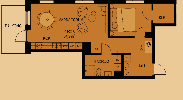 Planritning 2 rum och kök